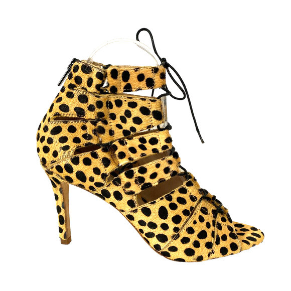 Loeffler Randall Sandal Lottie Cheetah Leo Print Fur Calf Lace Up Slim H… - Picture 1 of 8